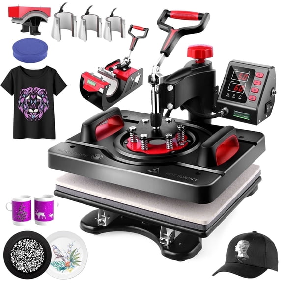 Adnoom 8 in 1 Heat Press Machine 15x12, 850w Heat Press with Pressure Knob, 360°Swing Away, Sublimation Vinyl Digital Heat Press for Tshirt,Cap,Mug,Black Red