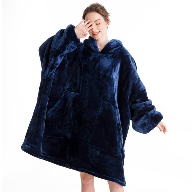 Aemicion Manta portátil de gran tamaño, manta Sherpa, sudadera con capucha suave, cálida y gruesa, sudadera con capucha grande para adultos y hombres, color azul marino