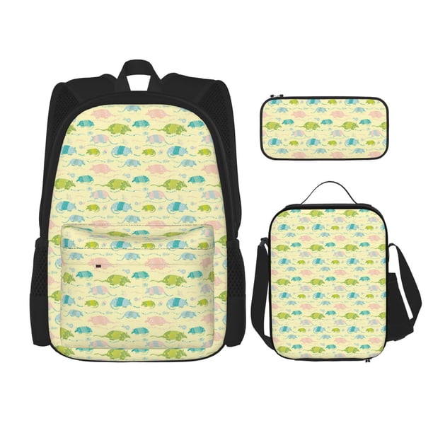 Easygdp Armadillo Floral Mochila para Niños y Niñas con Set de Caja de Almuerzo y Estuche para Lápices 3 en 1, Mochila Escolar Estampada para Adolescentes