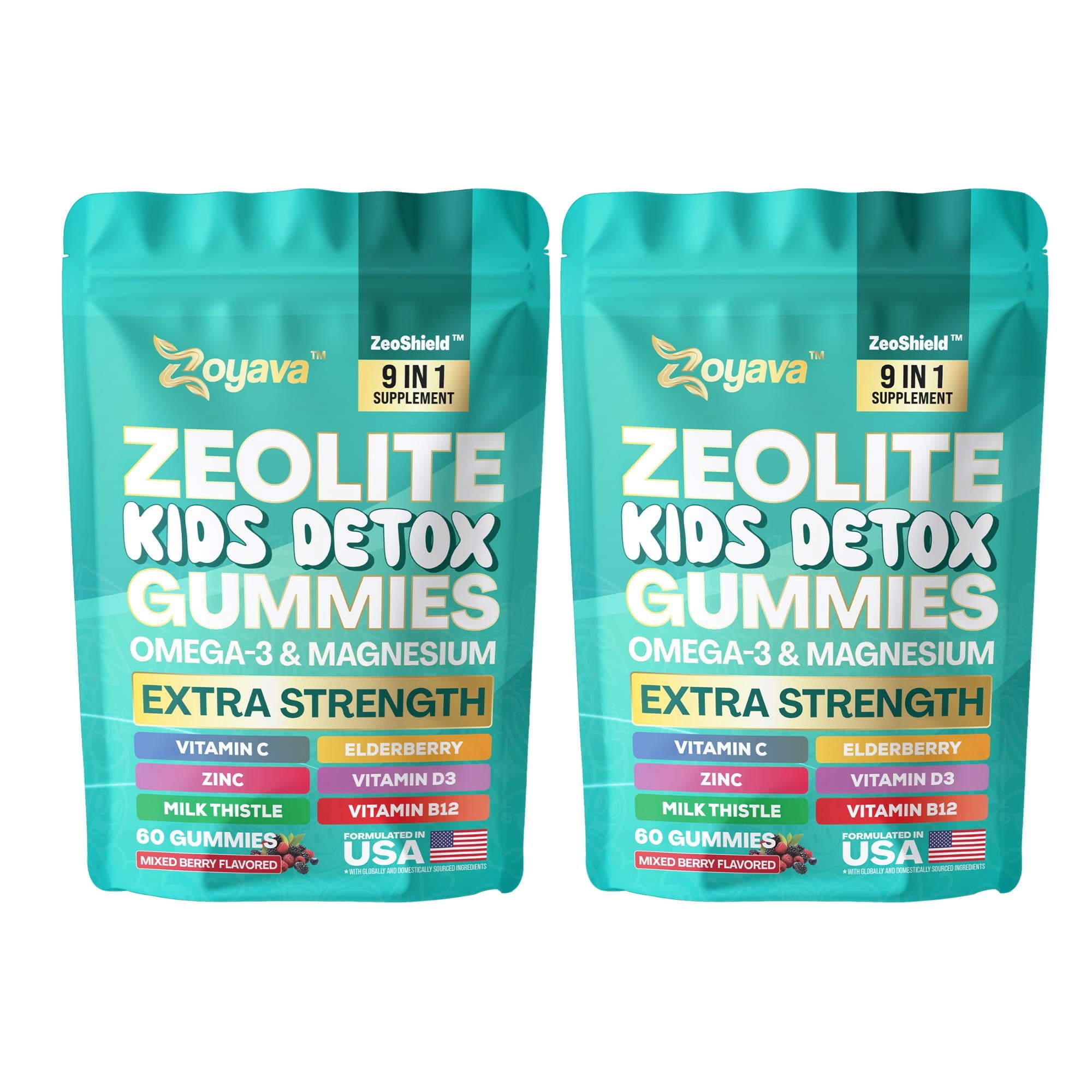 Zoyava Zeolite Detox Gummies for Kids, Elderberry Extract 10mg, Kids Detox, Immune & Gut Health, Energy, Brain & Bone, Omega-3, D3, B12, Mixed Berry, 60ct - 2 Pack