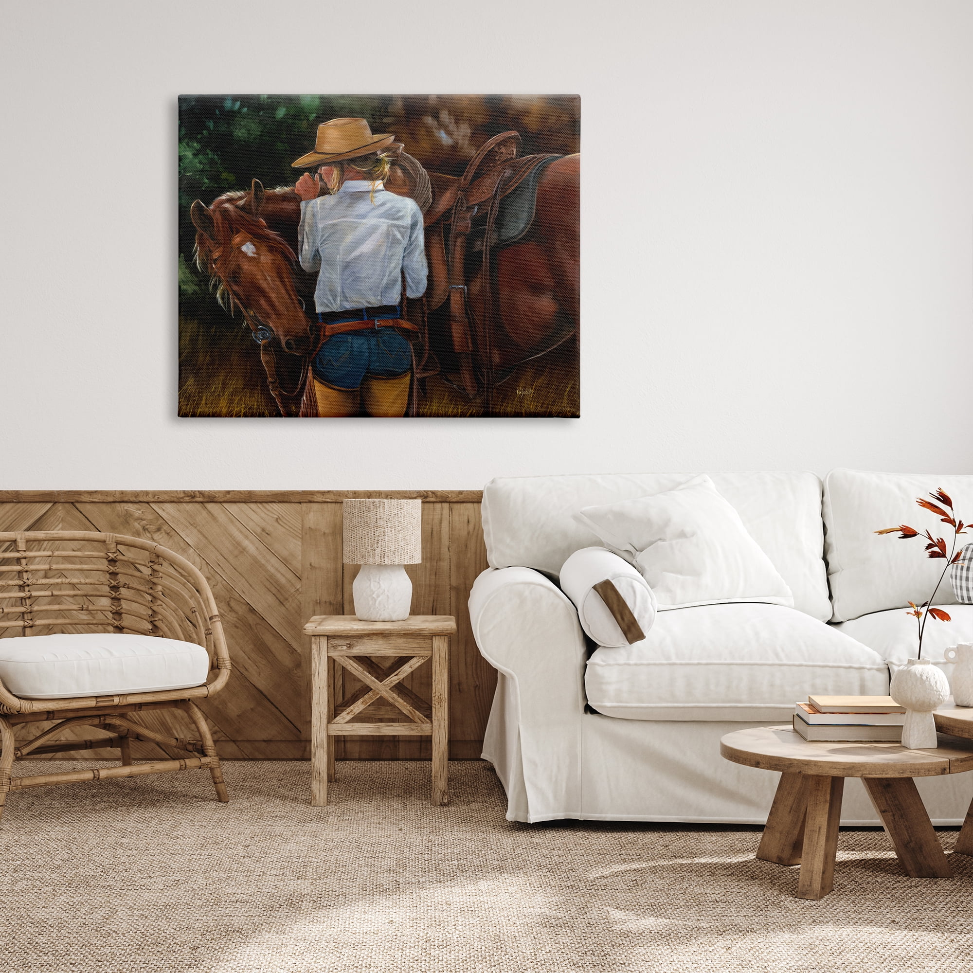 Stupell Industries Cowgirl Tending to Horse Animals & Insects Painting Gallery Wrapped Canvas Art Print Wall Art, 48 x 36