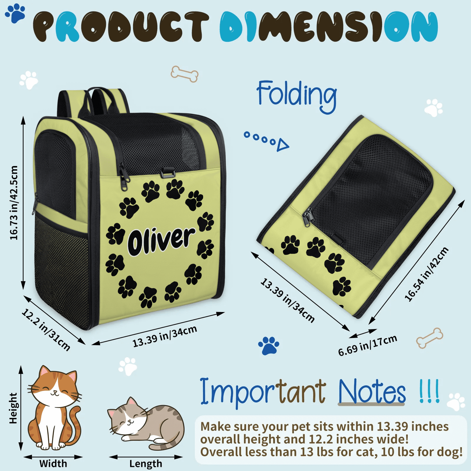 Custom Name Cat Carrier Backpack,Peresonalized Pet Backpack for Small Dogs & Cats Under 13lbs,Ventilated Pet Backpack Bag for Camping Biking Hiking Travel