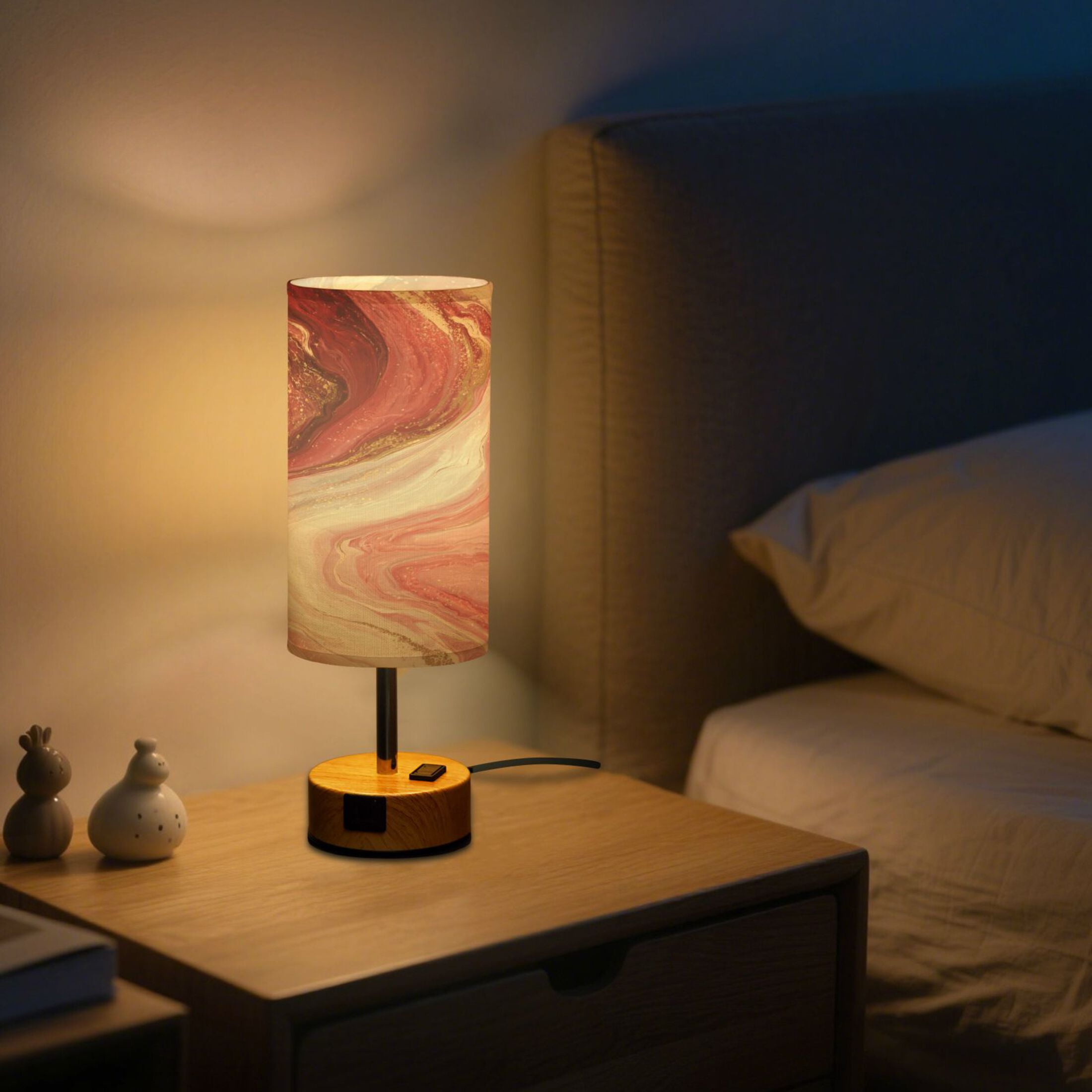 Touch-Control 3-Color Desk Lamp with Plug – Energy-Saving LED + 3 Simultaneous Charging Ports Burgundy Marble Flow