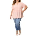 thumbnail image 2 of GRACE & GRANDEUR Women's Plus Size Easter Gingham Tops 100% Cotton Plaid Peplum Top Notch Neck Short Sleeve Summer Flowy Babydoll Blouse 1X Light Pink, 2 of 6
