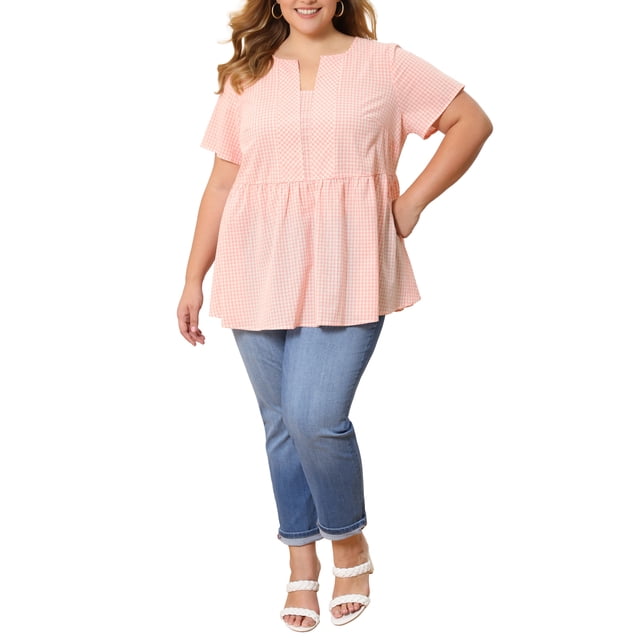 GRACE & GRANDEUR Blusas de Gingham de Talla Grande para Mujeres 100% Algodón Top Peplum Cuello Notch de Manga Corta Verano Flowy Blusa Babydoll 4X Rosa Claro