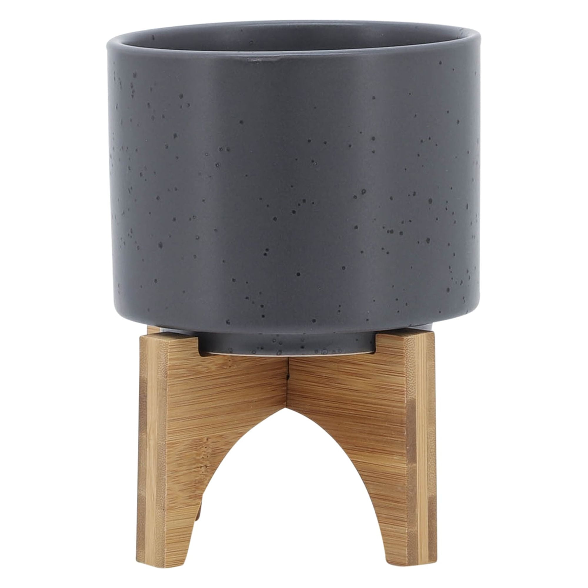 5" Planter W/ Wood Stand, Matte Gray
