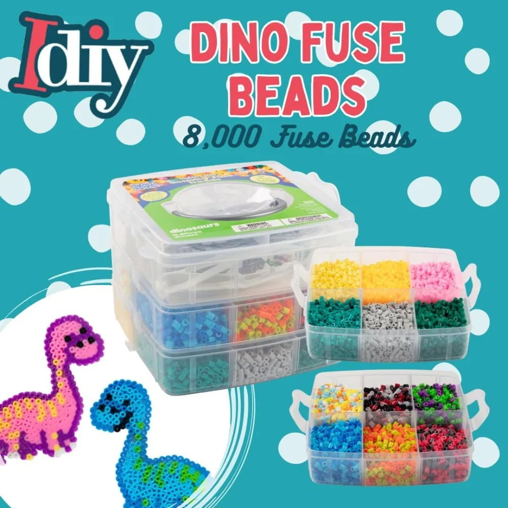 8,000 pc Dinosaur Fuse Beads w Carrier Case- 22 Colors, 12 Unique Templates, 3 Peg Boards, 2 Tweezers, Melt Iron Paper- Dino Bulk Art Craft School Project, Kids Birthday Party Gift, School Activity