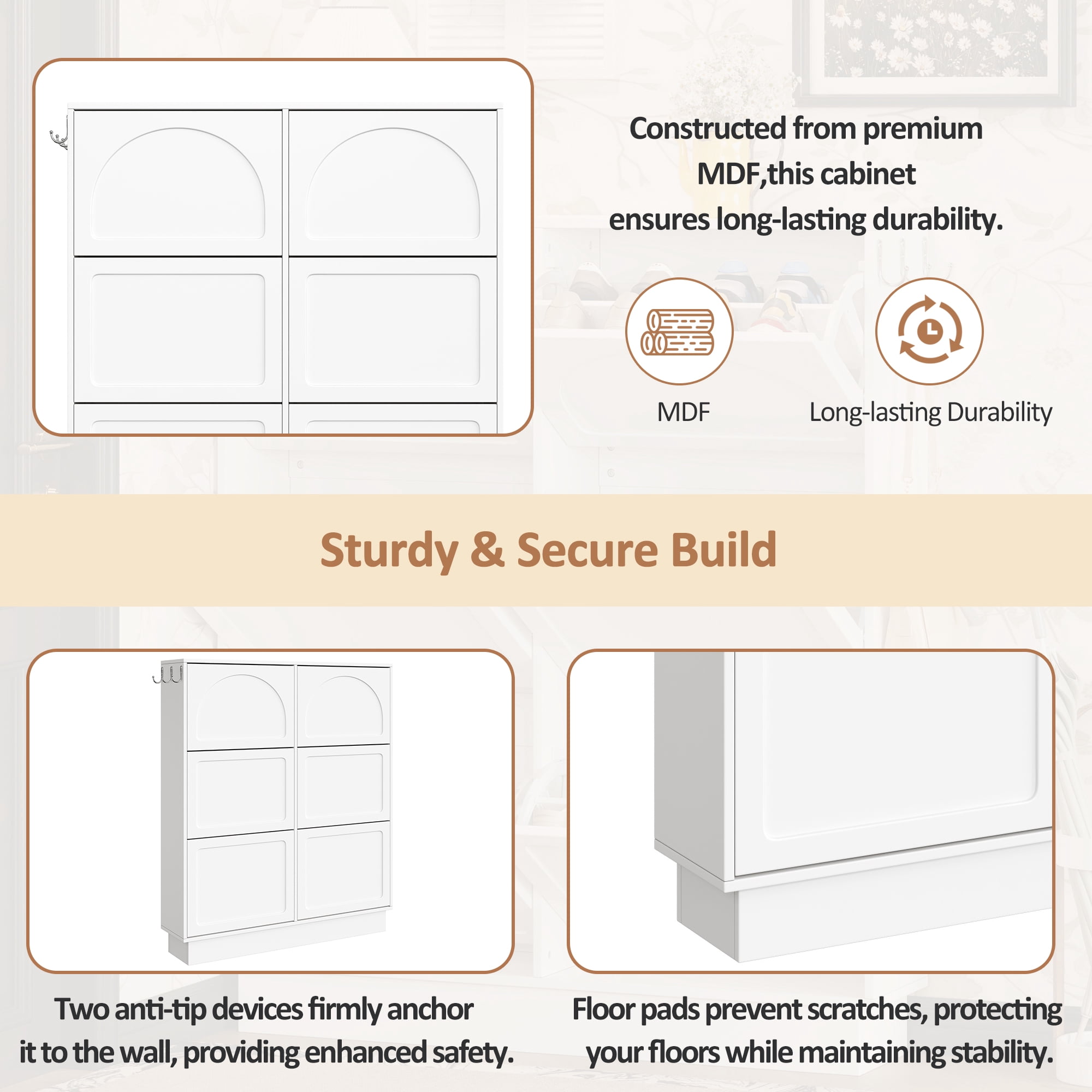 Euroco Elegant Narrow Tipping Bucket Shoe Cabinet with 6 Flip Drawers, Space Saving Design, Cream Style Entryway Organizer with Adjustable Shelf, Free-Standing Shoe Rack with 3 Silvery Hooks, White