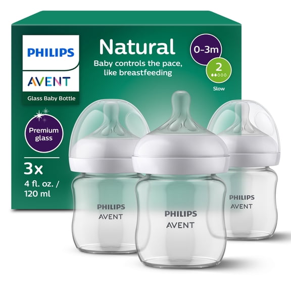 Philips Avent Natural Glass Baby Bottles, Slow Flow Nipple (Flow 2), 4oz, Anti-colic Valve, 3 Pack