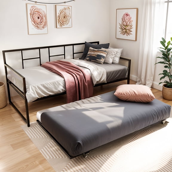 ModFusion - Modern Twin Daybed with Pull Out Trundle/Steel Slat Support/Space Saving Adjustable Height, Easy Assembly, Black