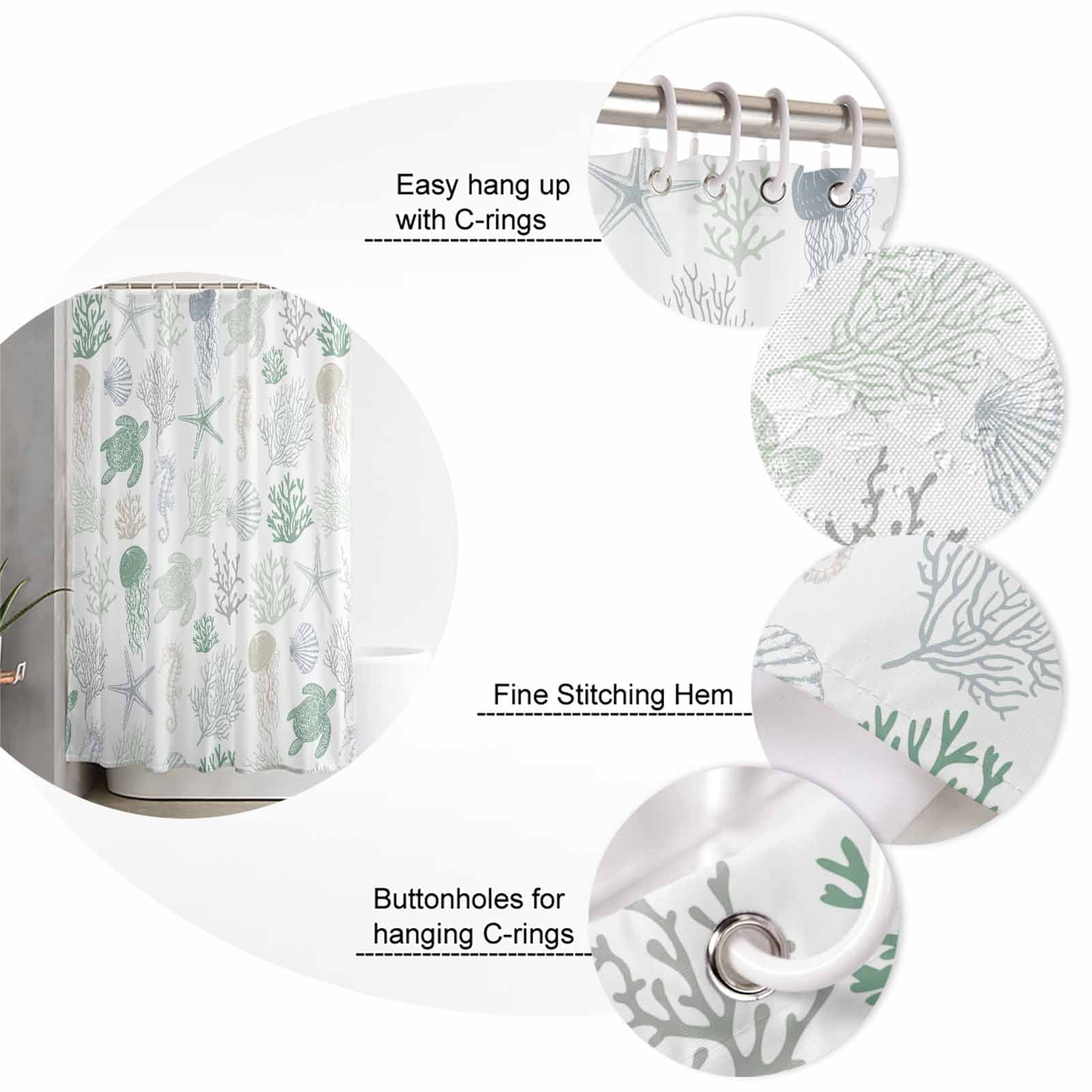 Green Coastal Waterproof Fabric Shower Curtain, Nautical Summer Beach Coral Sea Turtle Shower Curtain for Bathroom Curtains Bathtubs Hotel Washable Shower Curtains with 12 Hooks Long 72x78in