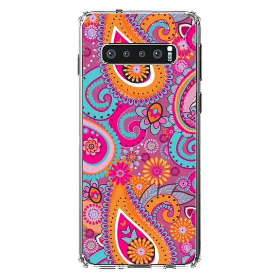DistinctInk Clear Shockproof Hybrid Case for Samsung Galaxy S10 (6.1" Screen) - TPU Bumper, Acrylic Back, Tempered Glass Screen Protector - Pink Blue Orange Paisley
