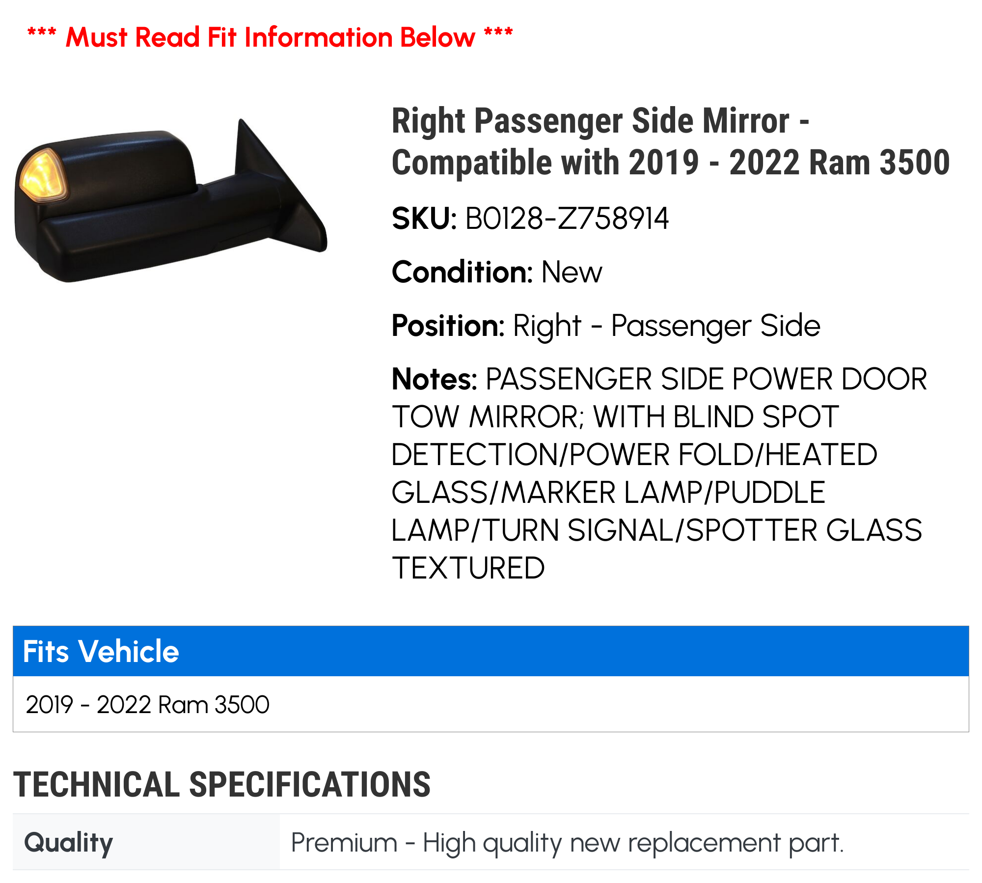 AM Autoparts Passenger Side Towing Mirror – Fits 2019-2020 Ram 3500 – Black