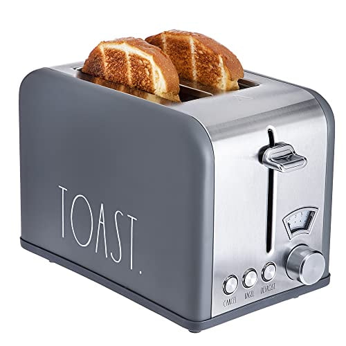 Rae Dunn Toaster, Stainless Steel 2 Slice Square Toaster, Wide Slot with 5 Browning Levels, with Bagel, Defrost and Cancel Options (Grey)