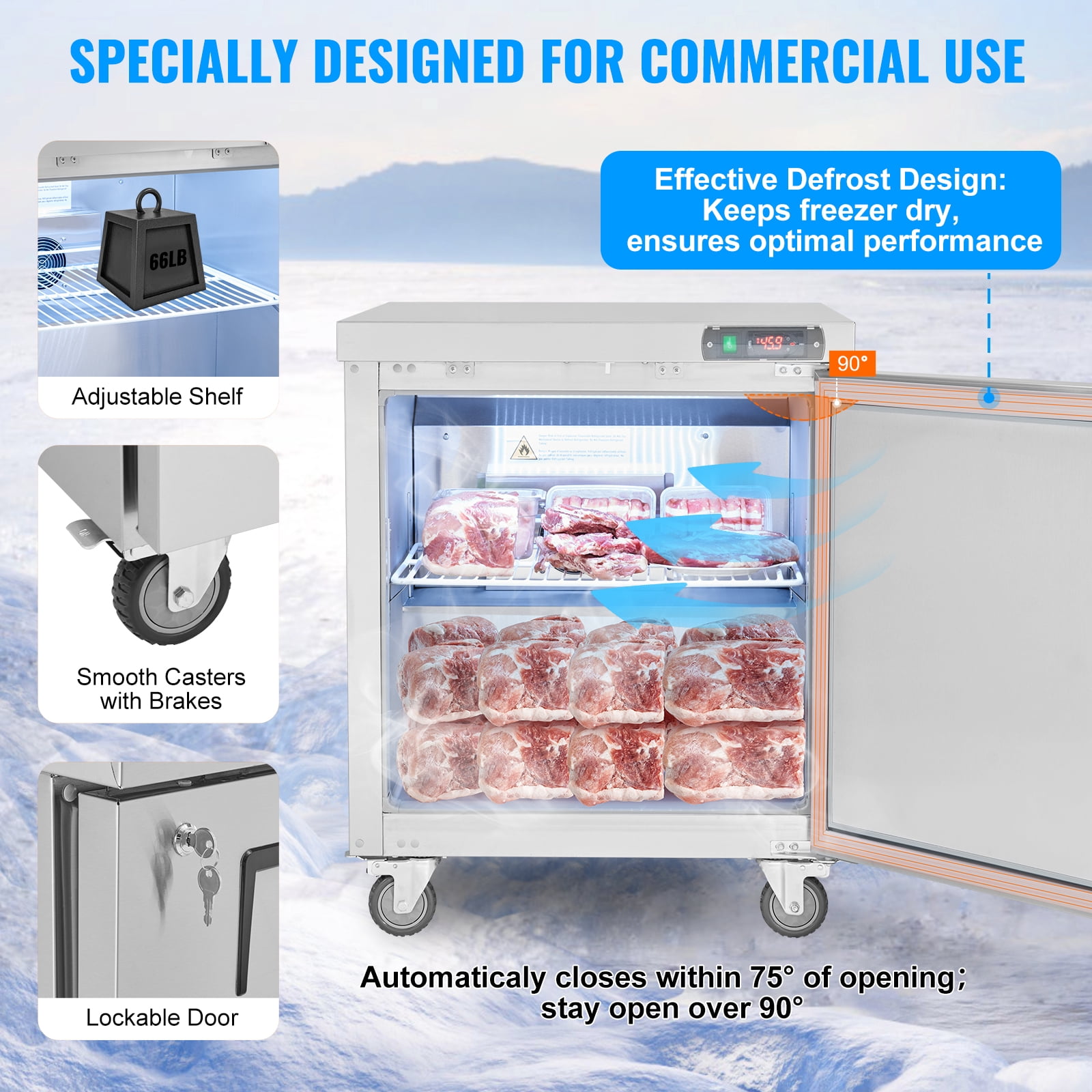 VEVOR 28" Commercial Frozen Refrigerator Sandwich & Salad Prep Table, 7.4 Cu. Ft Stainless Steel Refrigerated Food Prep Station with 1 Door, Frost Free Refrigerator