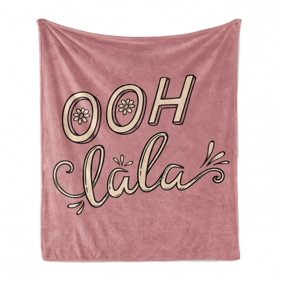 Ooh La La Soft Flannel Fleece Throw Blanket, Floral Vintage Layout with Typography Feminine and Styling, Cozy Plush for Indoor and Outdoor Use, 50" x 70", Dried Rose Pale Peach, by Ambesonne