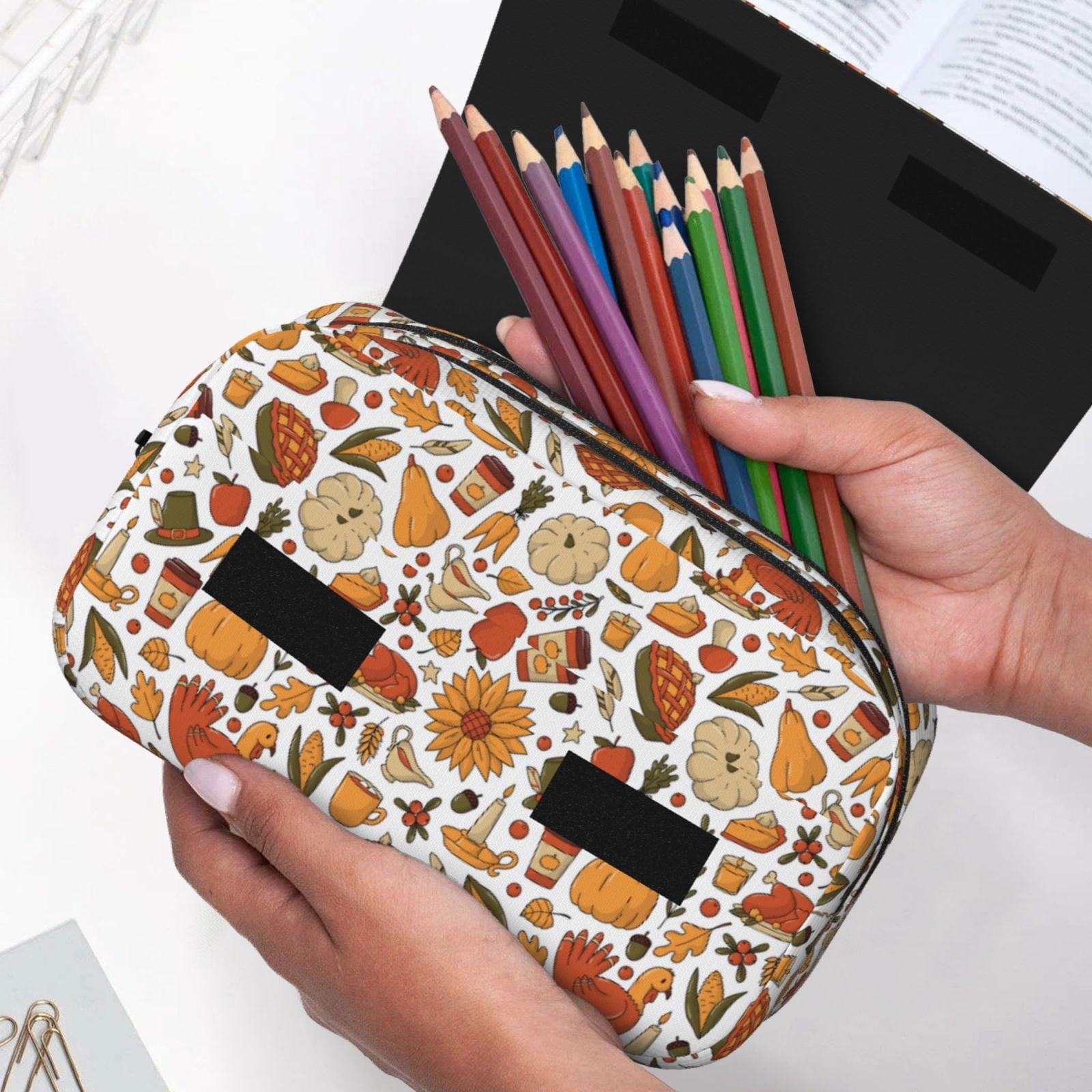 Rateoe Thanksgiving with Food Pattern Double Clamshell Pen Case, Storage Organizer with Two Zipper Compartments– Holds Up to 50 Pencils & Pens