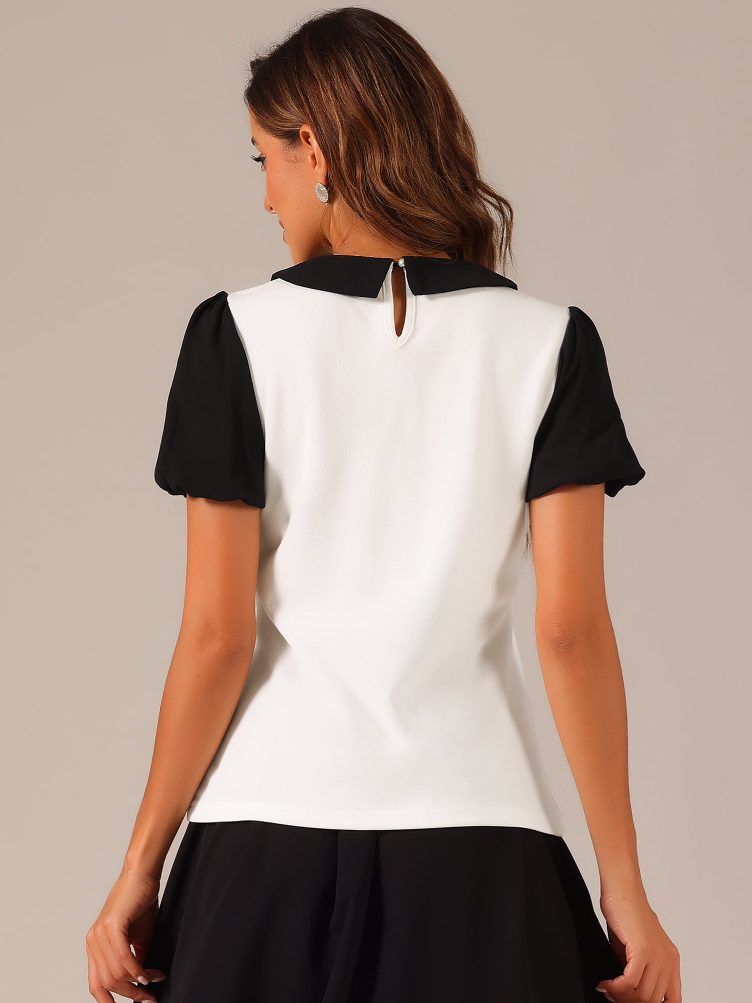 DARING DIVA Women Peter Pan Collar Contrast Puff Short Sleeve Top M White