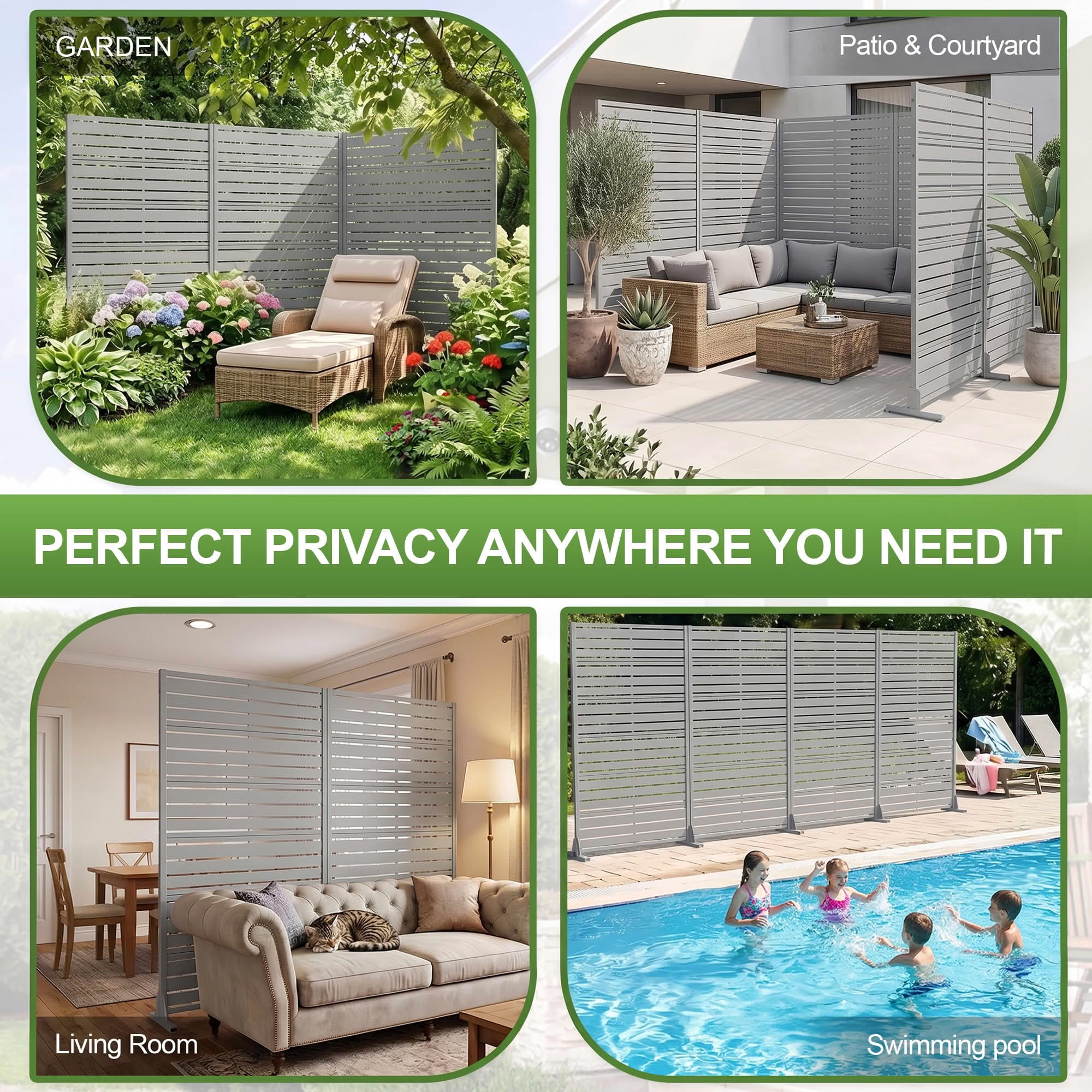 MAYEERTY 72"x47" Privacy Screen, Gray 6-Panel Galvanized Steel Louvered Fence, Wide-1 Narrow-2 Style, Freestanding for Patio Backyard