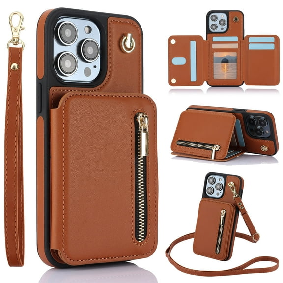 SaniMore for iPhone 14 Pro Case, Luxury PU Leather Card Holders Kickstand Metal Finger Ring Shockproof Drop Resistant Wrist/Crossbody Lanyard for Girls Women Stylish Accordion Design, Brown
