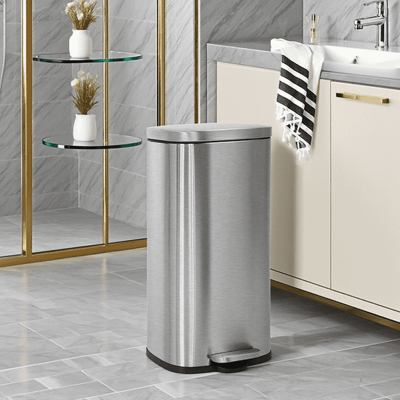 10-Gallon/45L Kitchen Trash Can with Lid, Featuring a Removable Inner Bucket, Pedal-Activated Stainless Steel Trash Bin (Silver) for Office and Bathroom Use