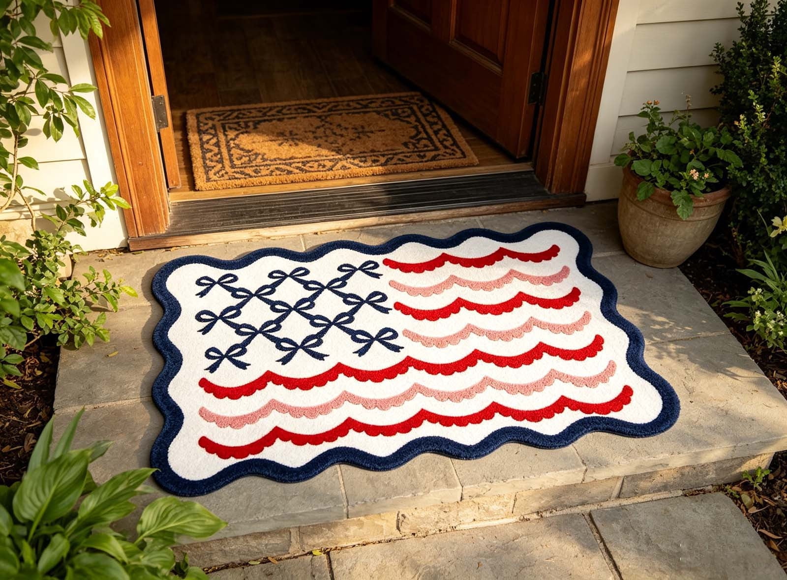 Bow Welcome Outdoor Doormat, American Flag Design, 15.75 x 23.62 Inches, Durable Non-Slip Front Door Mat, Decorative Entryway Rug for Home Entrance