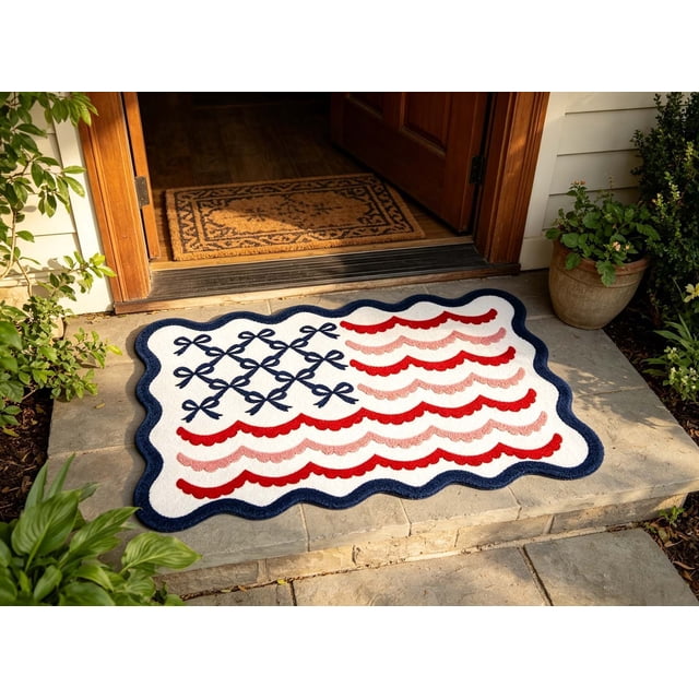 HCBY Patriotic Bow Doormat, Flag Design Wavy Edge Rug, Non-Slip Entryway Carpet, Washable Mat for Front Porch Kitchen Use