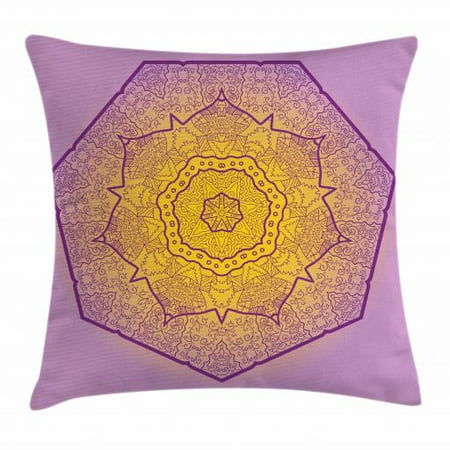 Decorative Elements - Mandala Throw Pillow Cushion Cover, Oriental Heptagon with Floral Elements and Curlicues Ombre Effect, Decorative Square Accent Pillow Case, 20 X 20 Inches, Earth Yellow and Lavender, by Ambesonne
