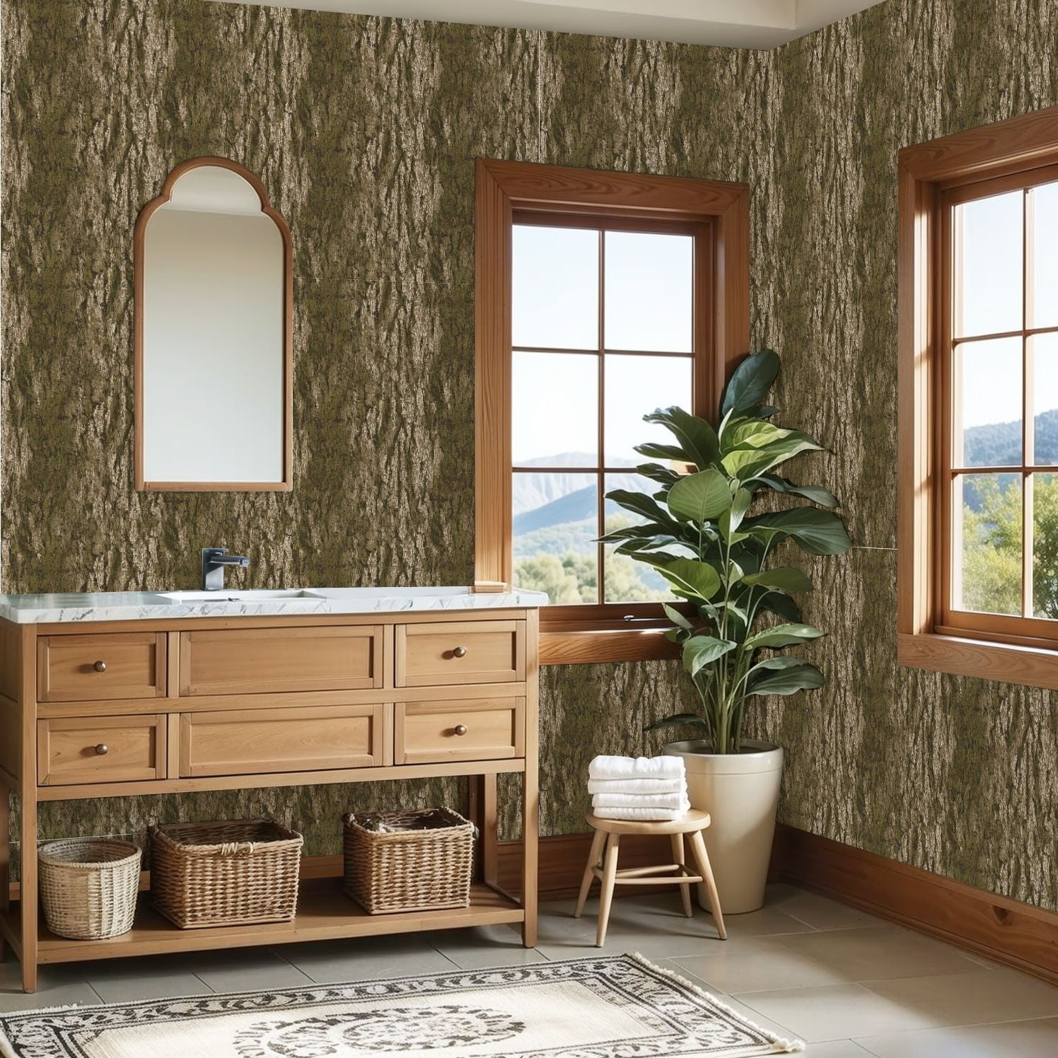 Peel and Stick Wallpaper 23.6in x 9.8ft Textured Bark Moss Earthy Tones Contact Paper Vinyl Waterproof Self Adhesive Wall Paper for Shelf Cabinet Hunting Cabin