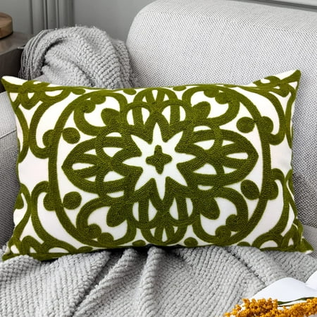 

Embroidered Lumbar Decorative Throw Pillow Cover 16x16 Classic Boho Mandala Embroidery Pattern Cotton Rectangular Cushion Case for Sofa Couch Living Room Bedroom(Olive Green)
