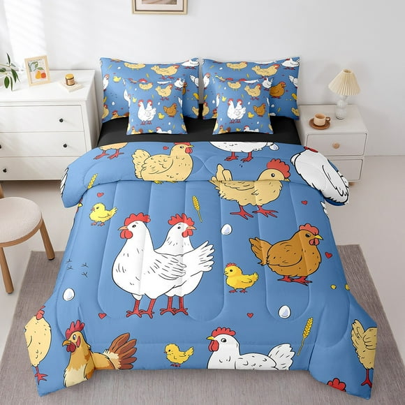 King Comforter Set for Kids,7 Pieces Farmhouse Chick Bedding Sets King Bed in a Bag with Reversible Rustic Bed Set,Chicken Comforter, Sheets, Pillowcases and Shams