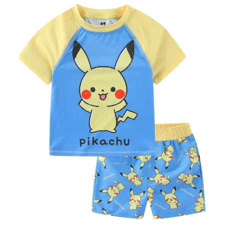 Pokemon Pikachu UPF 50+ Rash Guard Shirt and Swim Trunks Shorts Swimwear Set Swimsuit (Boys) 2 Piece Set Sizes 18M-4T