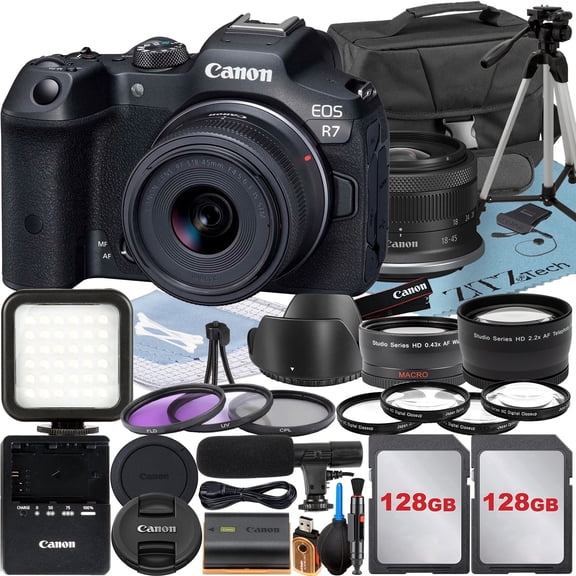 Canon EOS R7 Mirrorless Camera with RF-S 18-45mm Lens 2 Pack 128GB Memory Card Case ZeeTech Accessory (International Version)