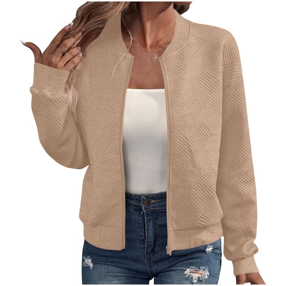 UYISJ Womens Bomber Jacket Textured Stand Collar Zip Up Jackets Casual Lightweight Trendy Outerwear Coat with Pockets Khaki S