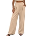 thumbnail image 3 of Women's Polyester Spandex High Waist Loose Flowy Wide Leg Pants, Pleated Elastic Waist Deep Pocket Trousers, Wrinkle Resistant Bottoms for Office Beach Travel | TruHer,Beige L, 3 of 9