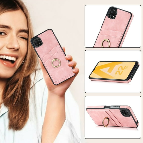 Plain Case for Samsung Galaxy A22 5G, PU Leather Slim Shockproof All round Protection Case with Metal Ring Holder Stand Bracket Card Slots Phone Cover for Samsung Galaxy A22 5G 6.6 Inch,Pink