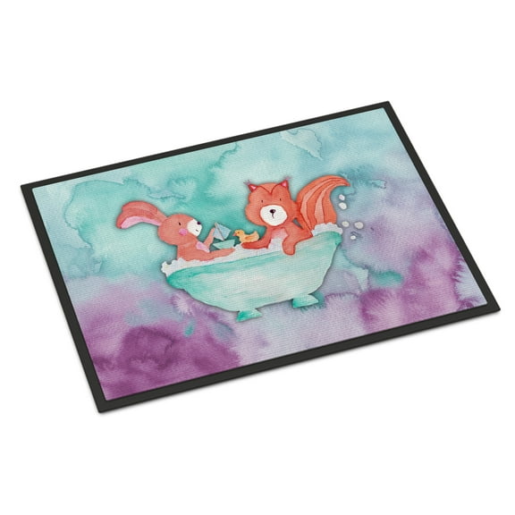 Rabbit and Squirrel Bathing Watercolor Doormat 24x36