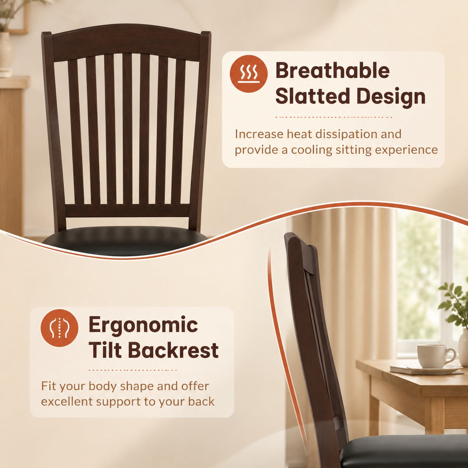Furnibear Mid Century Dining Chairs Set of 2 Armless Kitchen Side Chairs with Solid Rubber Wood Frame and Curved Legs, Coffee