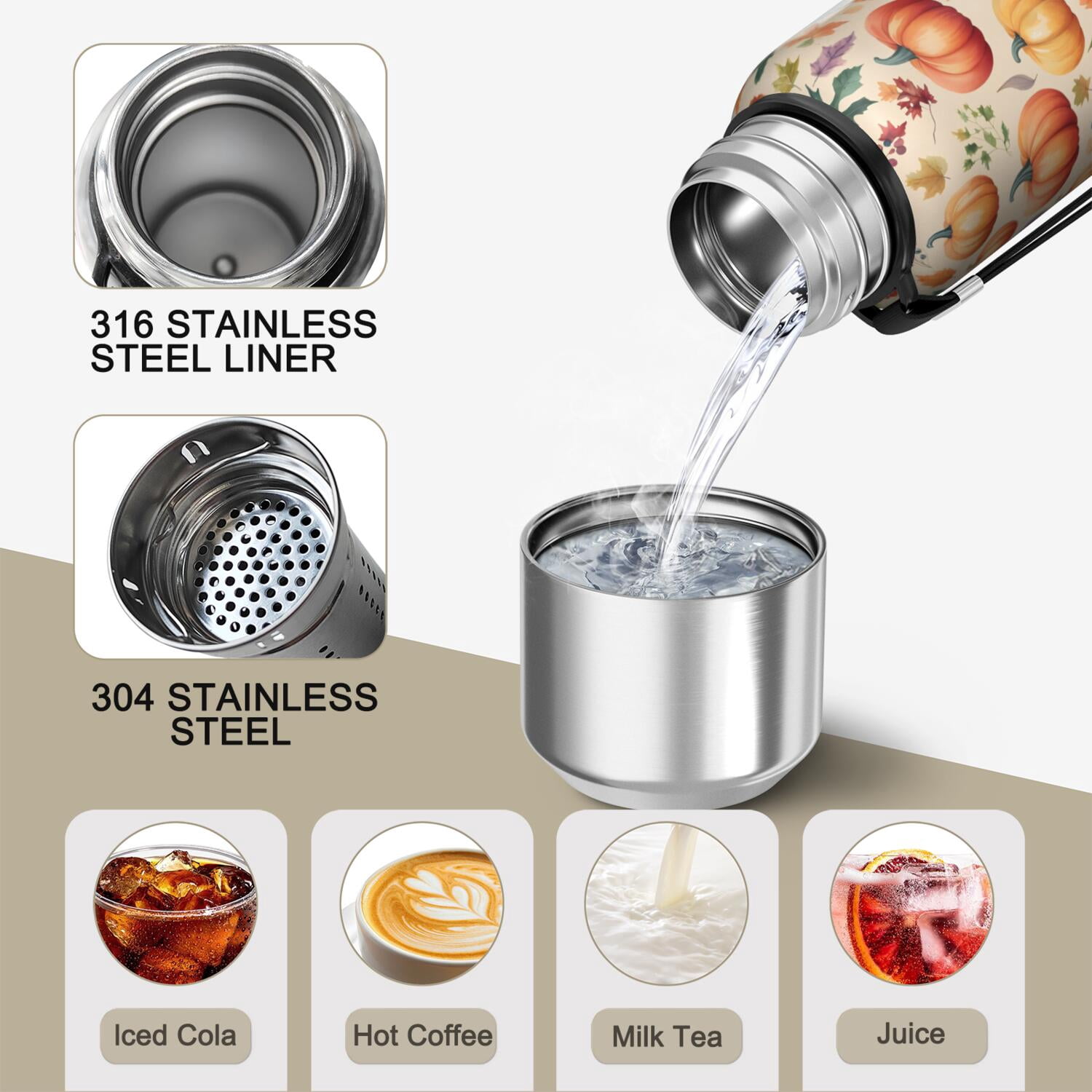 20 Oz Fall Pumpkins and Leaves Pattern Coffee Tumbler Double Wall Insulated Stainless Steel Water Bottle | Metal Reusable Thermoses Flask with Cup Cap | Leak & Sweat Proof with Anti-Dust Lid