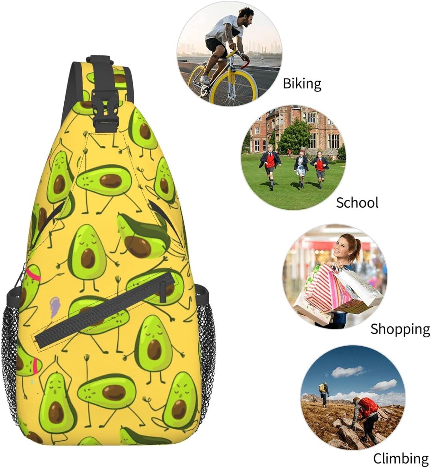 Avocado doing exercise Sling Bag Crossbody Hiking Travel Chest Bags Backpack Shoulder Daypack for Women Men