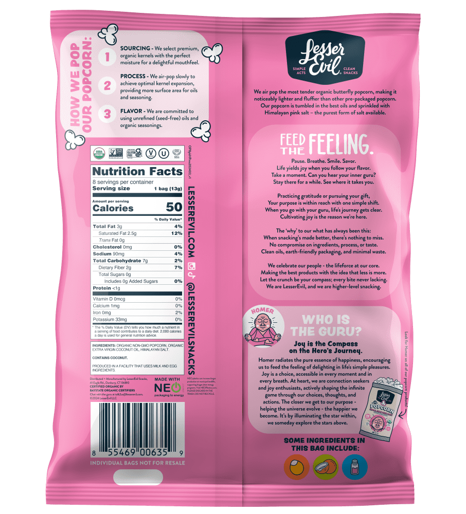 Pack of 2 LesserEvil Organic Himalayan Pink Salt Popcorn Multipack, 8 ct, .46 oz (Package May Vary)