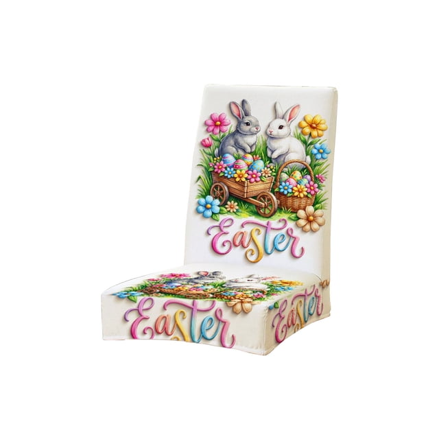 Easter Chair Cover with Backrest, Dining Chair Slipcover for Kitchen and Office, Washable Polyester Fabric Seat Protector with Elastic Straps, 20 x 18 x 22 Inches, Multic