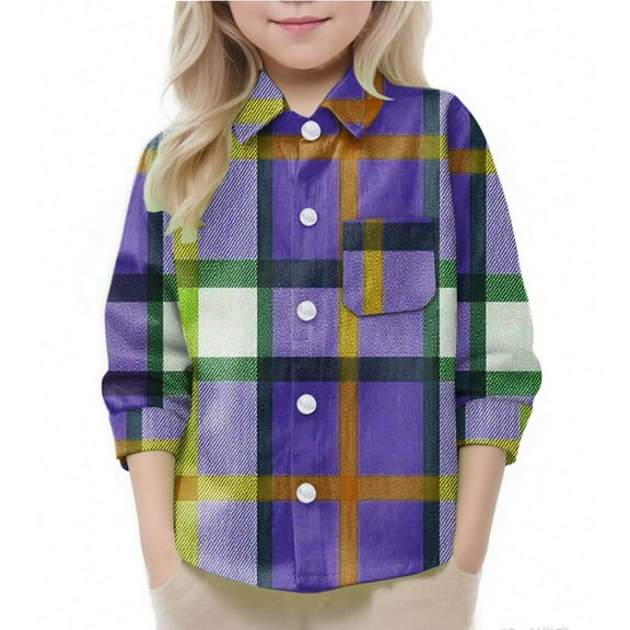 Eltusu Girls Plaid Shirts, Long Sleeve Lapel Collar Relaxed Fit Casual Button-Down Shirts Purple Size 6 Months-8 T