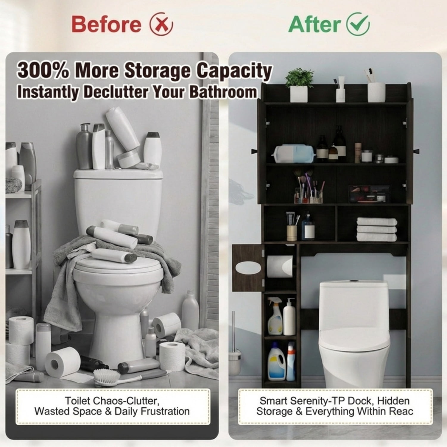 Over The Toilet Storage Cabinet, Rustic Oak Bathroom Organizer with Reversible Side Shelves, 32.3"W Farmhouse Above Toilet Cabinet