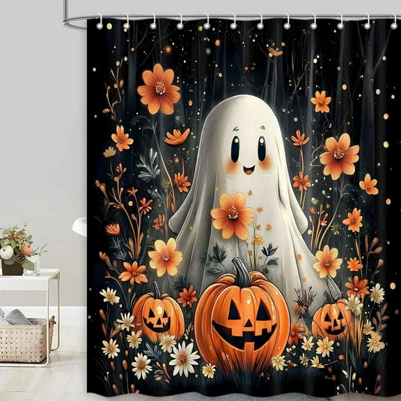 Halloween Shower Curtain Spooky Ghost Pumpkin Cute Funny Bathroom Decor Fabric Set Rustic Farmhouse Bath Curtains Machine Washable Fabric, 72x72 Inch