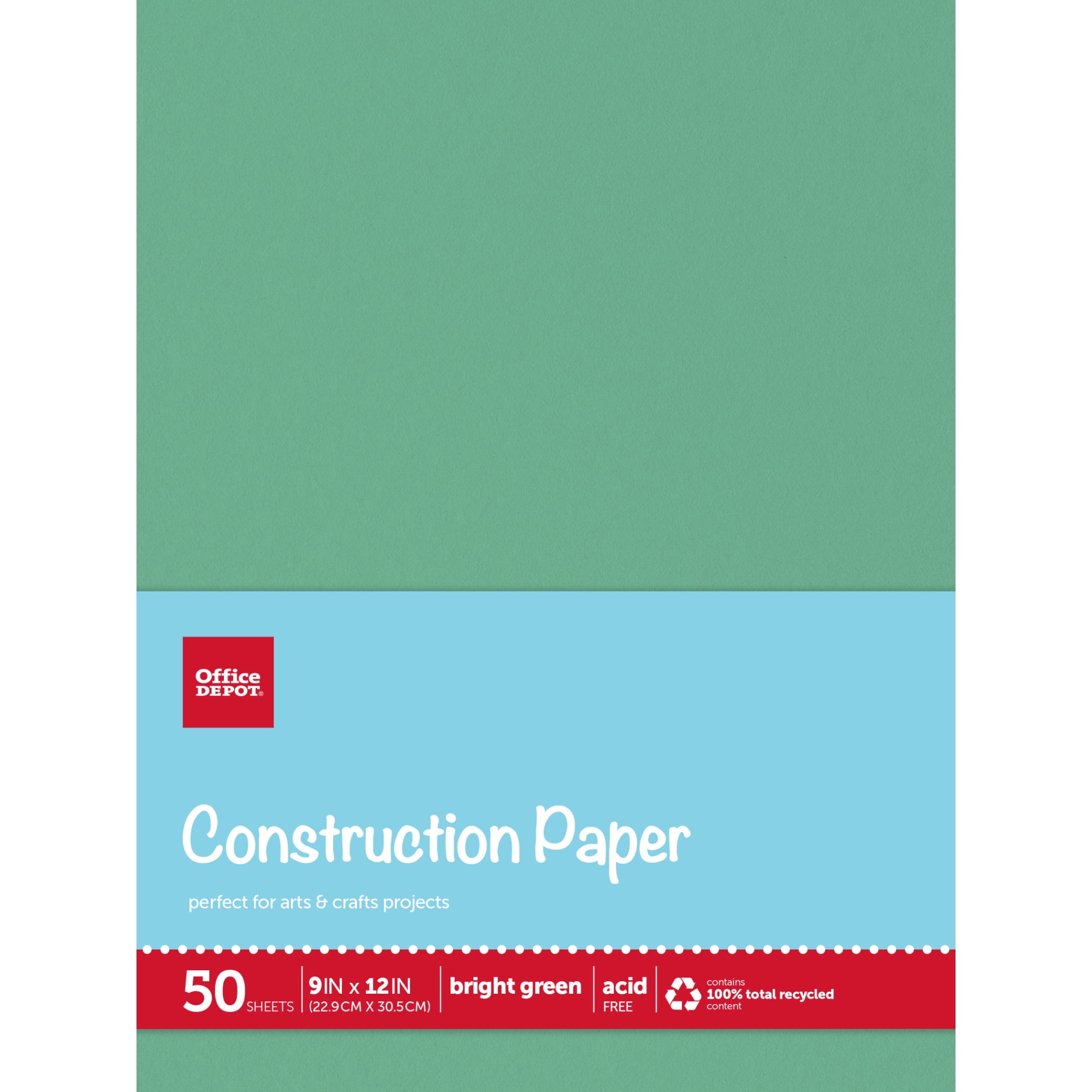Office Depot® Brand Construction Paper, 9' x 12', 100% Recycled, Bright Green, Pack Of 50 Sheets