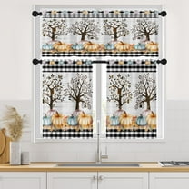 Autumn Pumpkin Fall Kitchen Curtains with Valance and Tier Sets 36 Inch, 3 Pieces Tree Flower Leaf Checker Rod Pocket Drapes Window Treatment Curtains for Kitchen Over Sink Dining Room Decor