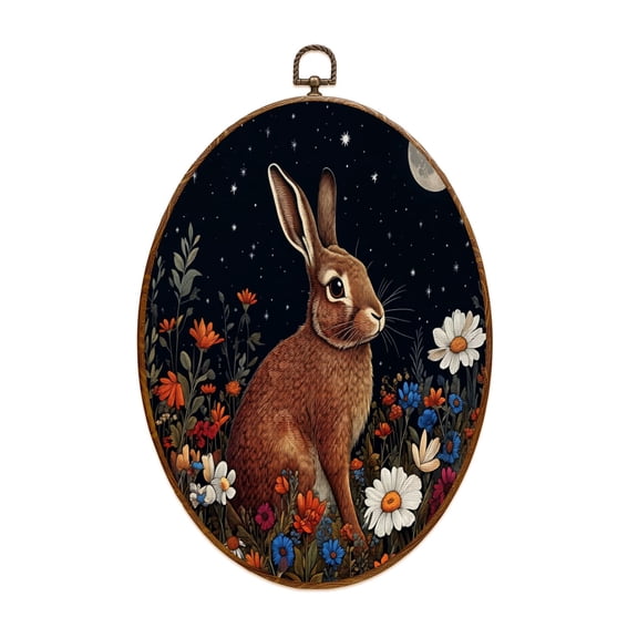 Canvas Wall Art Vintage Witchy Bunny Cottagecore Rabbit Botanical Floral Hare Flowers Moon Oval Framed Canvas Prints Vintage Wall Hanging Decor for Home Decorations 8.6"x11.4"