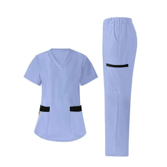 Ndbuld Scrubs Set for Women Nurse Uniform Women Long Pants Sets Short Sleeve V-neck Casual Suit Sets Summer Clearance,Light Blue,M
