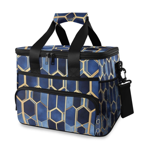 FORMRS Insulated Cooler Bag 24 Cans Capacity Soft Leakproof Lunch Box with Side Pockets, Blue Hexagon Pattern